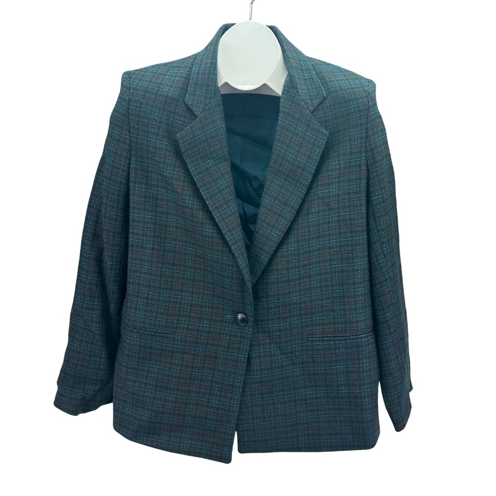 Vintage Dumas Blazer Jacket Green Plaid Tweed Wool Blend Womens 8 Made USA